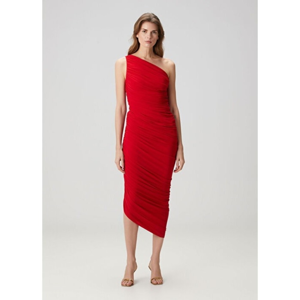 Norma Kamali Diana Dress Midi One Shoulder Ruched Jersey Red Sz L